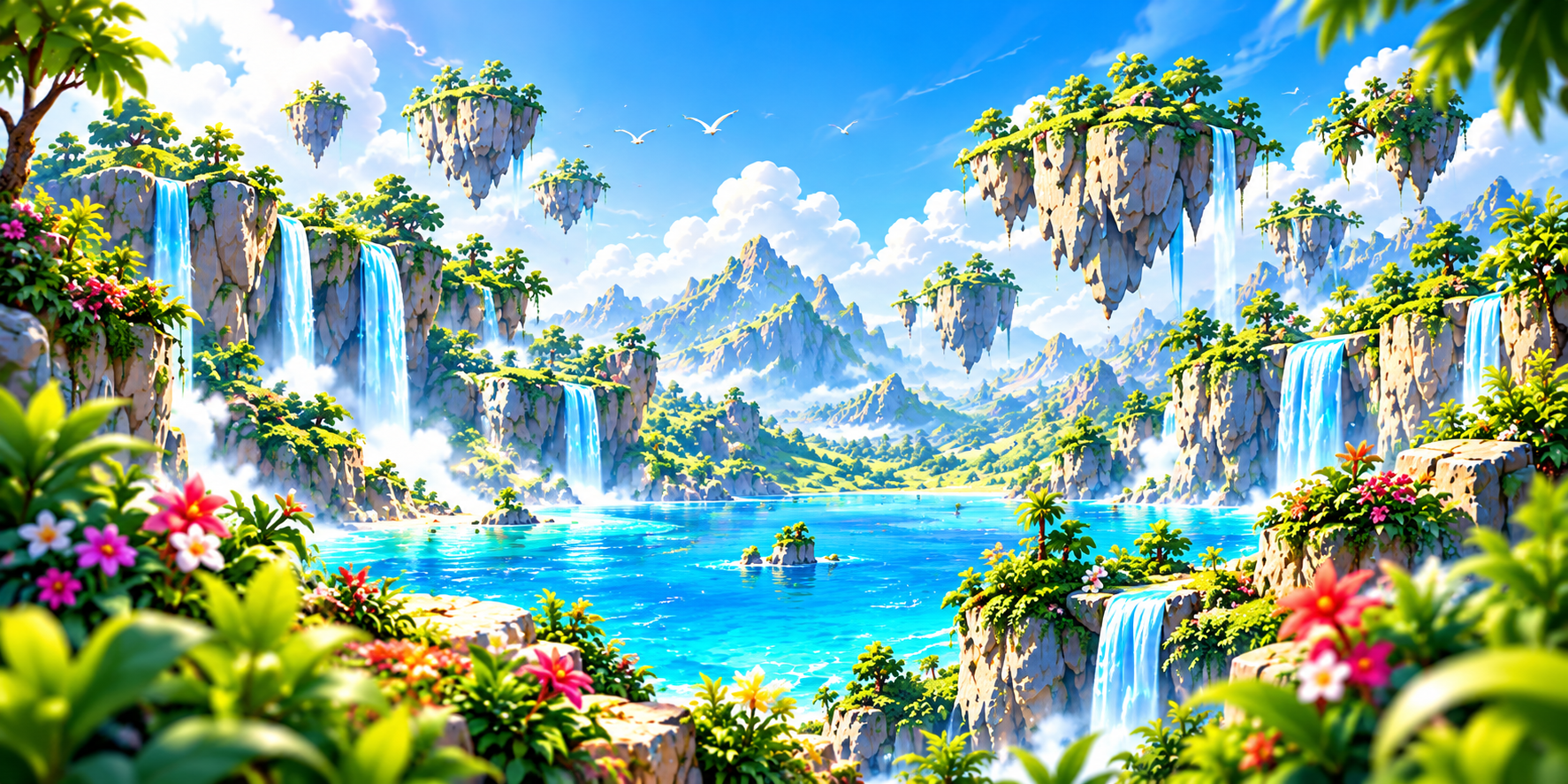 A fantasy world of floating islands, waterfalls, and a turquoise lagoon